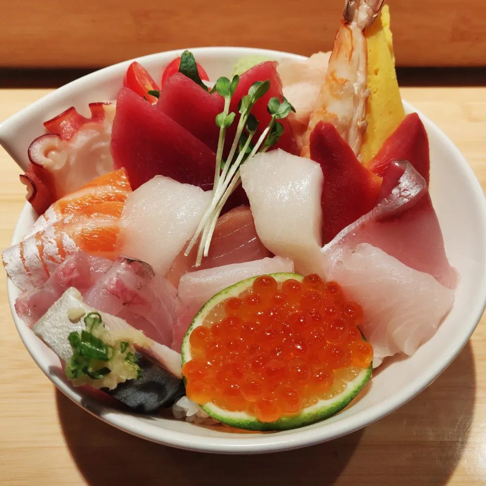 Assorted sashimi rice bowl with salmon roe and varied seafood at Miso, a Japanese Restaurant in New Haven